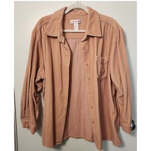 Vtg Cambridge Country Women's Peach Wide Whale Corduroy Shacket Shirt Button 1XL